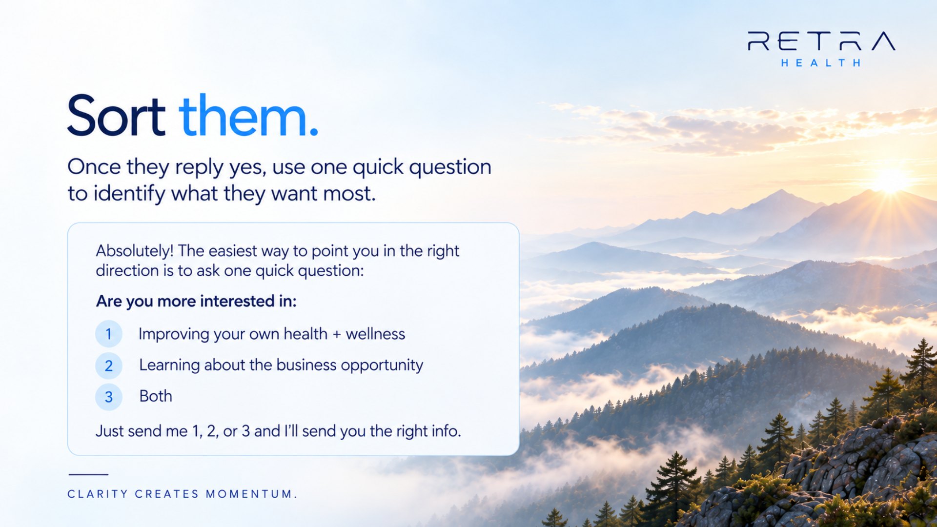 Retra Health sorting guide: 1 for health, 2 for business, 3 for both