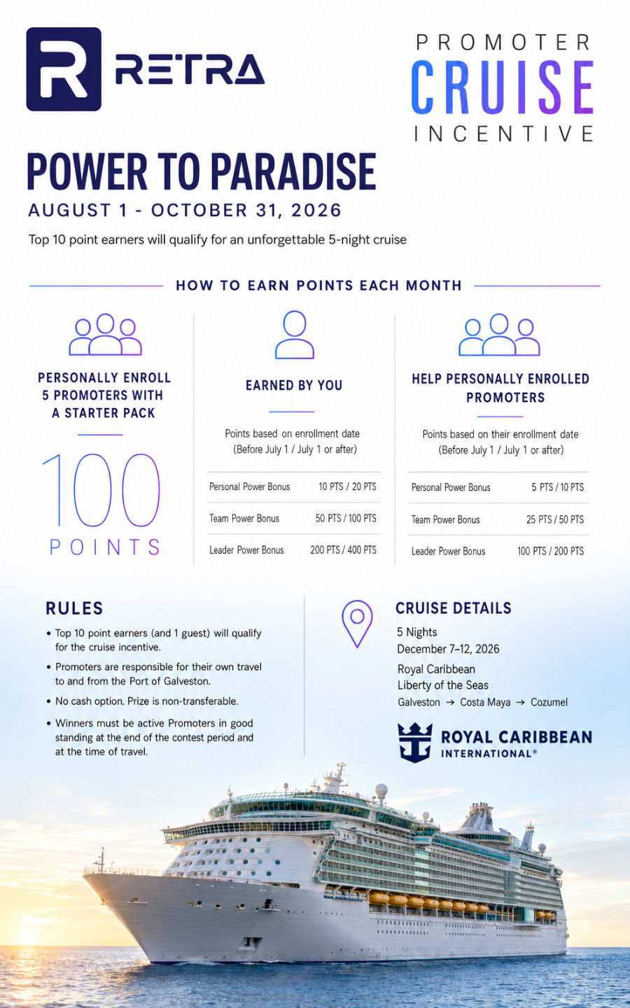 Power to Paradise cruise incentive flyer with the promotion dates, point rules, and cruise details