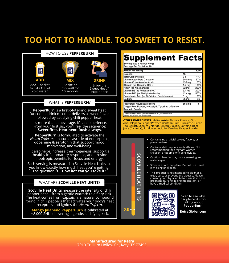 PepperBurn · Mango Jalapeño · Individual packets package label with serving directions, facts, ingredients, and storage information