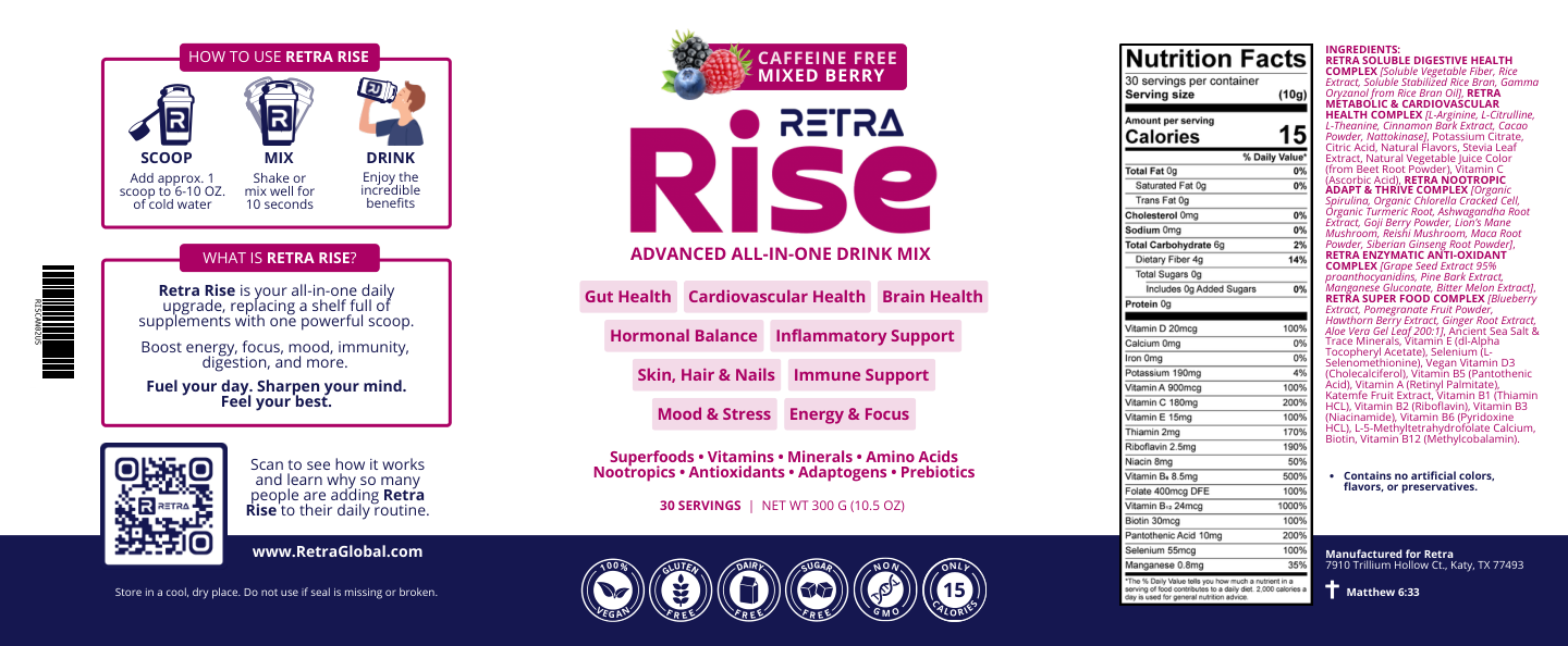 Rise · Caffeine Free Mixed Berry · Canister package label with serving directions, facts, ingredients, and storage information