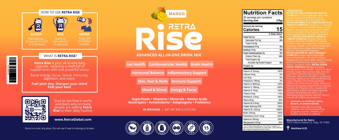 Rise · Mango · Canister package label with serving directions, facts, ingredients, and storage information