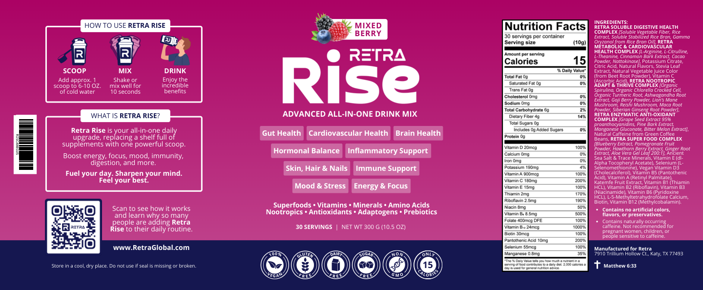 Rise · Mixed Berry · Canister package label with serving directions, facts, ingredients, and storage information