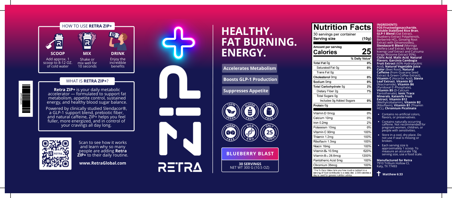 ZIP+ · Blueberry Blast · Canister package label with serving directions, facts, ingredients, and storage information